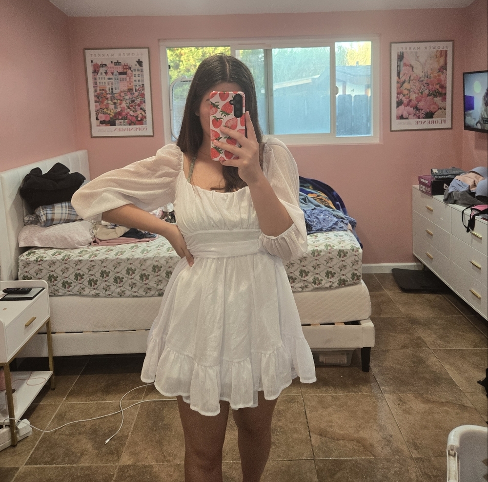 Lucky in the Sky LA White Shimmery Mini Dress – XS/XXS, Tie Back